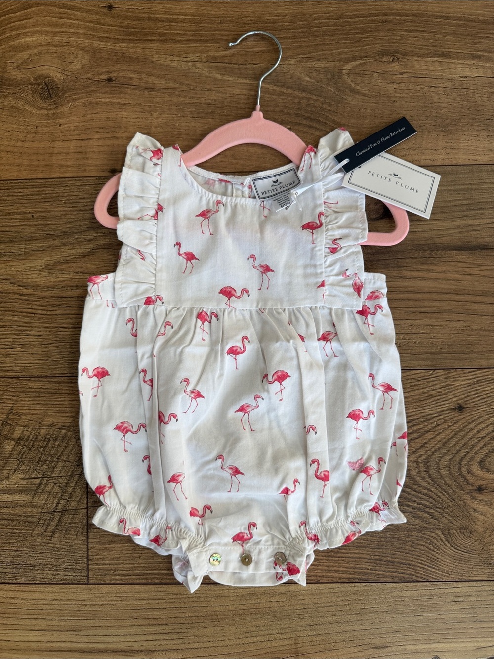 Petite Plume White Flamingo Print Ruffle Baby Romper